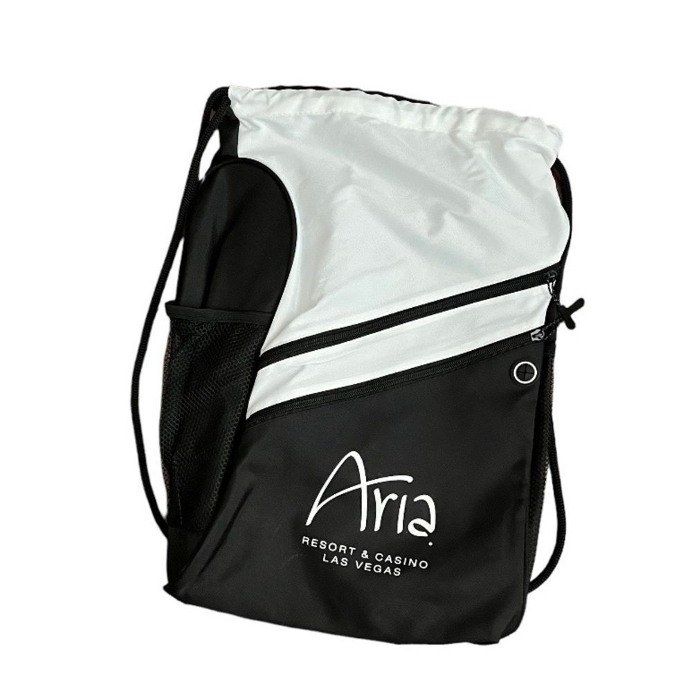 ARIA Resort & Casino LAS VEGAS Black White Drawstring Bag Backpack Zip Pockets